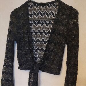 Black & Gold Crochet Style Bolero Tie Front Cardigan